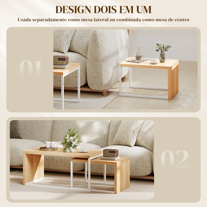 Conjunto de 2 Mesas de Centro Mesas de Café com Pés de Metal Estilo Industrial para Sala de Estar Sala de Jantar 90x48x42 cm e 59x42x36 cm Branco e Madeira