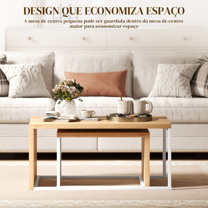 Conjunto de 2 Mesas de Centro Mesas de Café com Pés de Metal Estilo Industrial para Sala de Estar Sala de Jantar 90x48x42 cm e 59x42x36 cm Branco e Madeira