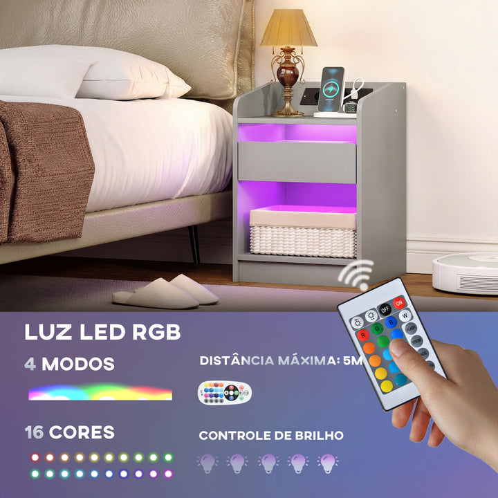 Mesa de Cabeceira com Luzes LED Mesa de Cabeceira com Gaveta Prateleira Estação de Carregamento Entrada USB e Controlo Remoto 40x40x58 cm Cinzento