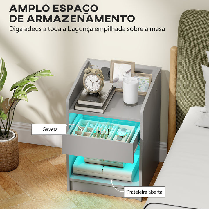 Mesa de Cabeceira com Luzes LED Mesa de Cabeceira com Gaveta Prateleira Estação de Carregamento Entrada USB e Controlo Remoto 40x40x58 cm Cinzento