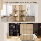 Biombo de 4 Painéis 160x170 cm Separador de Ambientes Dobrável com 2 Prateleiras de Exibição para Escritório Quarto Natural