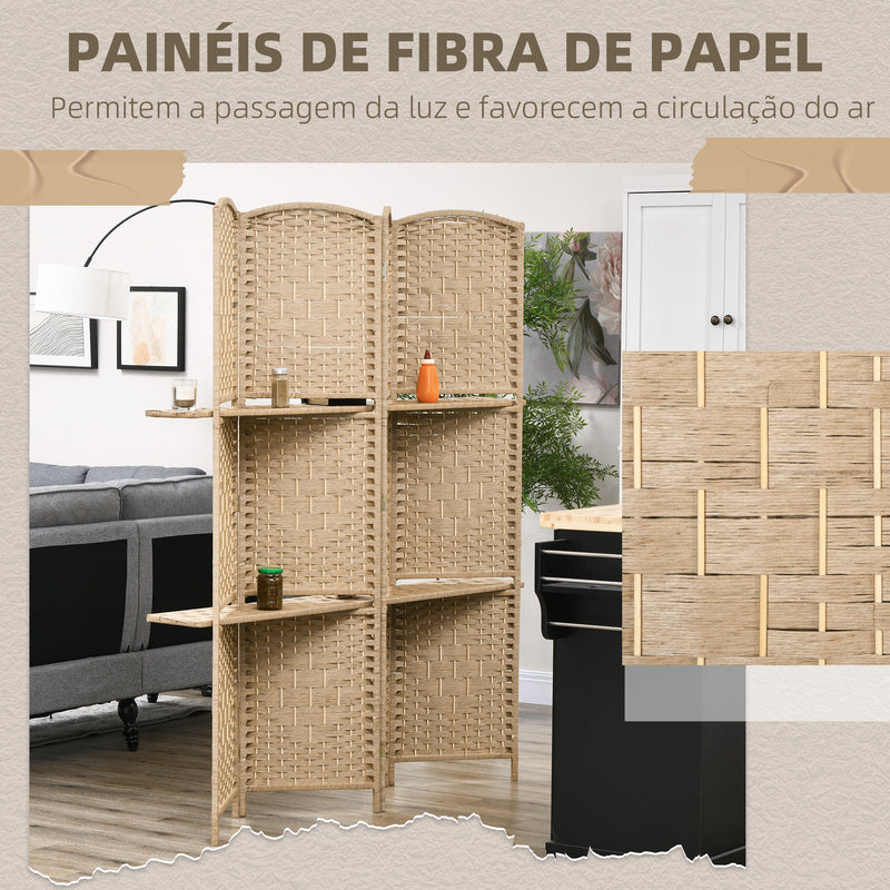 Biombo de 4 Painéis 160x170 cm Separador de Ambientes Dobrável com 2 Prateleiras de Exibição para Escritório Quarto Natural