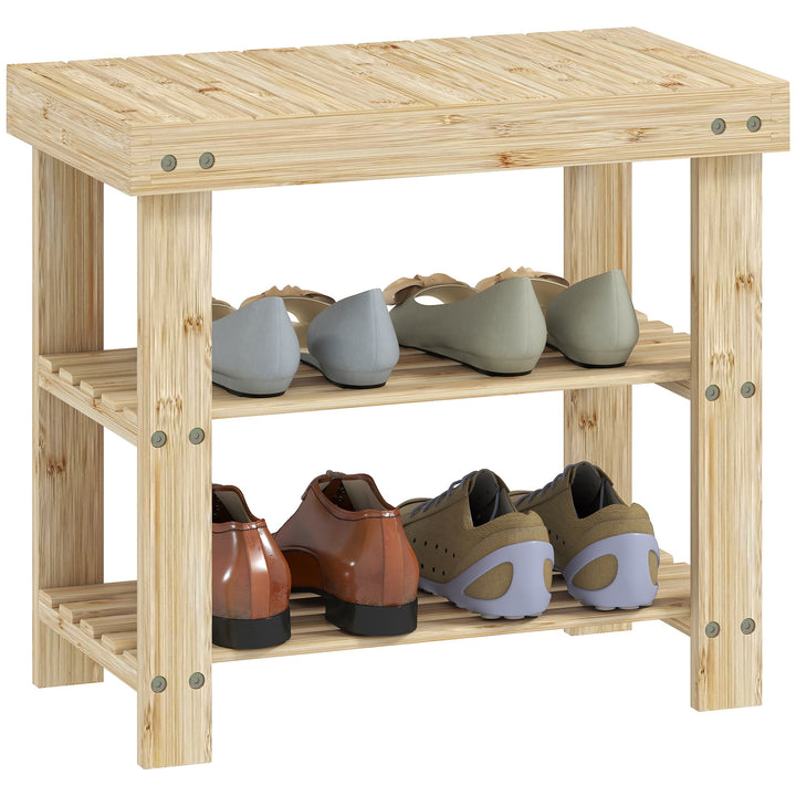 Banco Sapateira de Bambu Sapateira com Assento Organizador de Sapatos com 2 Prateleiras para 4 Pares de Sapatos para Entrada Sala de Estar Dormitório 50x28x45 cm Madeira