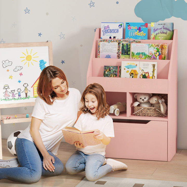 Estante de Madeira para Brinquedos com 3 Compartimentos 2 Prateleiras e Gaveta Móvel com 4 Rodas Estante para Livros Infantil para Dormitório Infantil Sala de Jogos 60x29,9x90 cm Rosa
