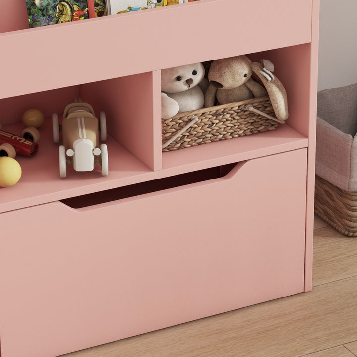 Estante de Madeira para Brinquedos com 3 Compartimentos 2 Prateleiras e Gaveta Móvel com 4 Rodas Estante para Livros Infantil para Dormitório Infantil Sala de Jogos 60x29,9x90 cm Rosa