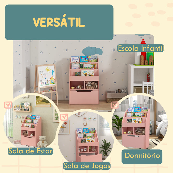 Estante de Madeira para Brinquedos com 3 Compartimentos 2 Prateleiras e Gaveta Móvel com 4 Rodas Estante para Livros Infantil para Dormitório Infantil Sala de Jogos 60x29,9x90 cm Rosa