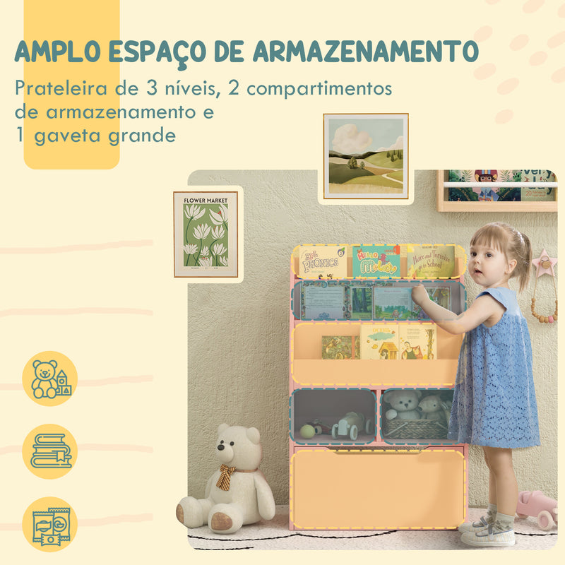 Estante de Madeira para Brinquedos com 3 Compartimentos 2 Prateleiras e Gaveta Móvel com 4 Rodas Estante para Livros Infantil para Dormitório Infantil Sala de Jogos 60x29,9x90 cm Rosa