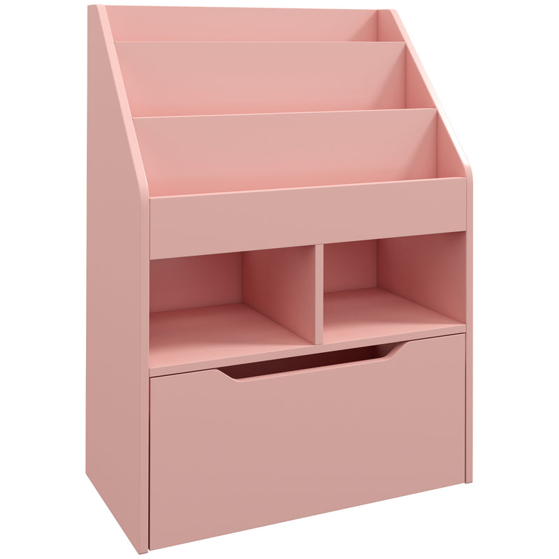 Estante de Madeira para Brinquedos com 3 Compartimentos 2 Prateleiras e Gaveta Móvel com 4 Rodas Estante para Livros Infantil para Dormitório Infantil Sala de Jogos 60x29,9x90 cm Rosa