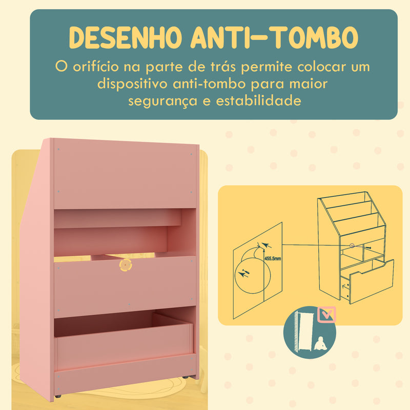 Estante de Madeira para Brinquedos com 3 Compartimentos 2 Prateleiras e Gaveta Móvel com 4 Rodas Estante para Livros Infantil para Dormitório Infantil Sala de Jogos 60x29,9x90 cm Rosa