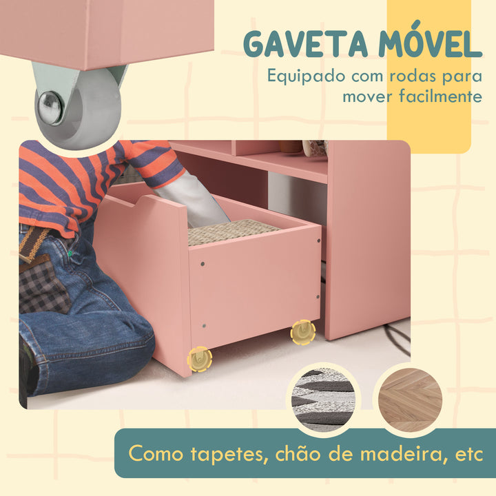 Estante de Madeira para Brinquedos com 3 Compartimentos 2 Prateleiras e Gaveta Móvel com 4 Rodas Estante para Livros Infantil para Dormitório Infantil Sala de Jogos 60x29,9x90 cm Rosa