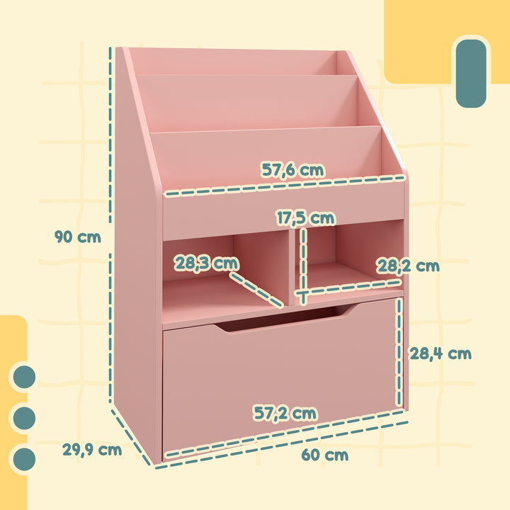 Estante de Madeira para Brinquedos com 3 Compartimentos 2 Prateleiras e Gaveta Móvel com 4 Rodas Estante para Livros Infantil para Dormitório Infantil Sala de Jogos 60x29,9x90 cm Rosa
