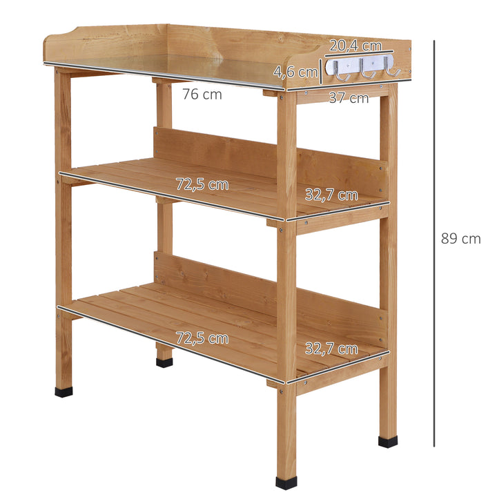 Mesa de Plantação em Madeira de 3 Níveis Mesa de Jardinagem com Placa Metálica 2 Prateleiras e Ganchos Resistente às Intempéries para Jardim Varanda 76x37x89 cm Madeira