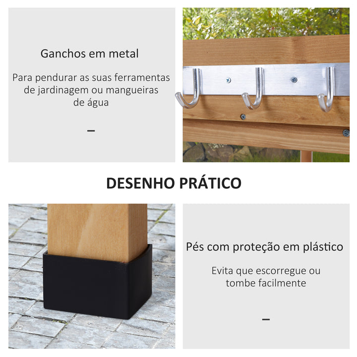 Mesa de Plantação em Madeira de 3 Níveis Mesa de Jardinagem com Placa Metálica 2 Prateleiras e Ganchos Resistente às Intempéries para Jardim Varanda 76x37x89 cm Madeira