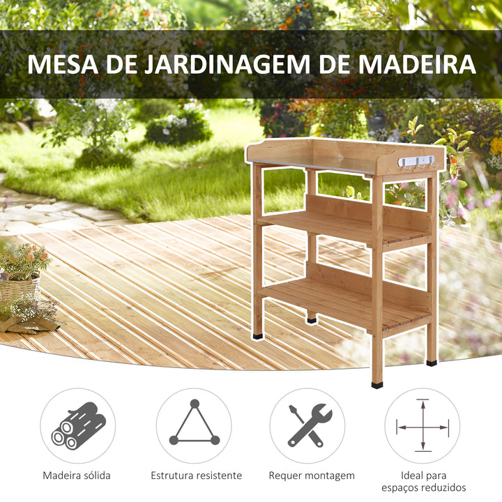 Mesa de Plantação em Madeira de 3 Níveis Mesa de Jardinagem com Placa Metálica 2 Prateleiras e Ganchos Resistente às Intempéries para Jardim Varanda 76x37x89 cm Madeira