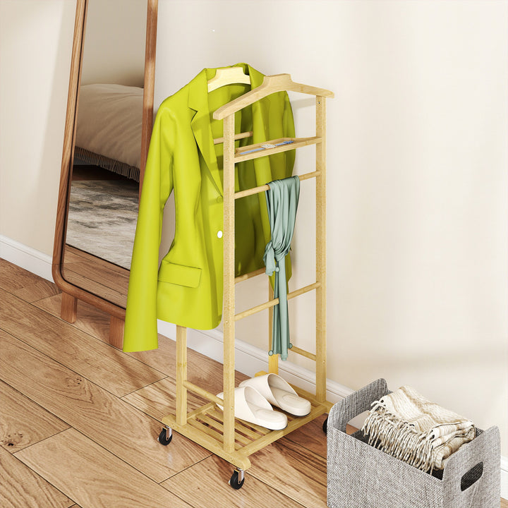 Cabide de Pé de Bambu Cabide com Rodas Suportes para Roupas Barras para Calças Bandeja e Sapateira Cabide para Roupas Corredor 47x33,7x105,5 cm Madeira