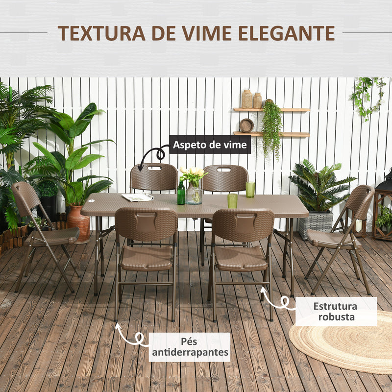 Conjunto de Mesa e 6 Cadeiras de Jardim Conjunto de Refeição de 7 Peças Dobrável com Imitação de Vime com Estrutura de Aço para Pátio Varanda Marrom