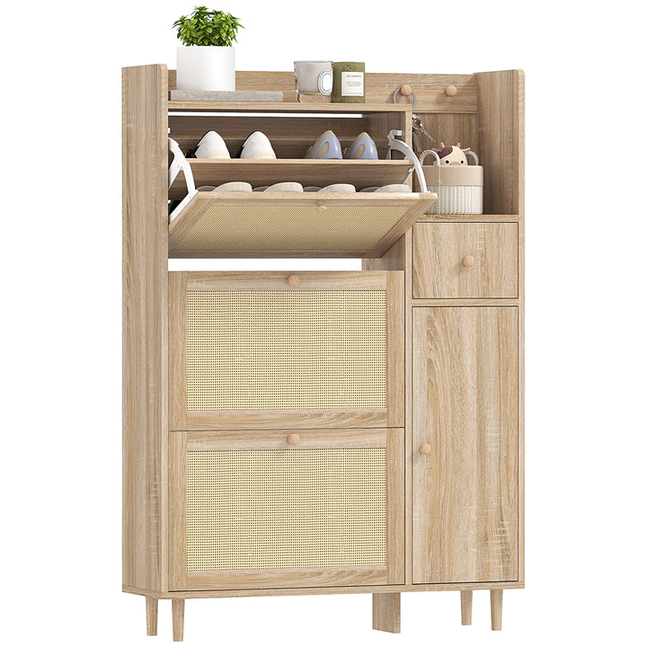 Móvel Sapateira Armário para Sapatos com 3 Gavetas com Frente em Vime para 12 Pares de Sapatos Prateleiras Ajustáveis Sapateira Estreita para Corredor Entrada 80x23x120 cm Carvalho