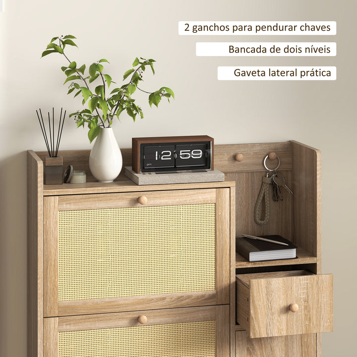 Móvel Sapateira Armário para Sapatos com 3 Gavetas com Frente em Vime para 12 Pares de Sapatos Prateleiras Ajustáveis Sapateira Estreita para Corredor Entrada 80x23x120 cm Carvalho