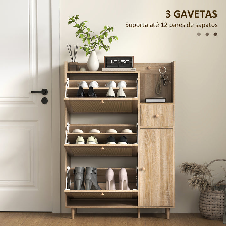 Móvel Sapateira Armário para Sapatos com 3 Gavetas com Frente em Vime para 12 Pares de Sapatos Prateleiras Ajustáveis Sapateira Estreita para Corredor Entrada 80x23x120 cm Carvalho
