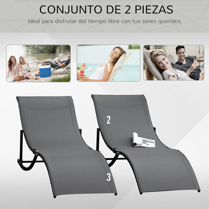 Conjunto 2 Espreguiçadeiras Ergonômicas Dobráveis ??em Forma de S com Estrutura de Alumínio Textilene para Piscina Pátio Jardim e Varanda 165x61x63cm Cinza
