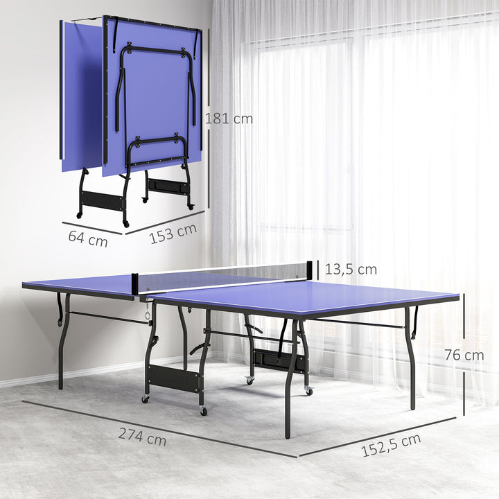 Mesa de Ping Pong Dobrável Mesa de Ping Pong Profissional de Tamanho Padrão com Rodas Inclui 2 Raquetes e 3 Bolas para Interior e Exterior 274x152,5x76 cm Azul