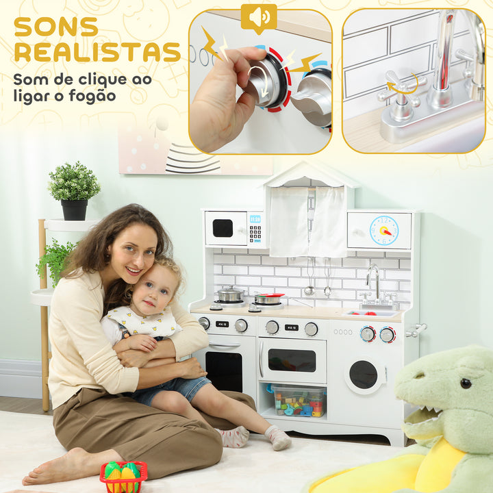 Cozinha de Madeira com Som e Cortinas Cozinha de Brincar Infantil com Acessórios em Aço Inoxidável, Máquina de Lavar Micro-ondas, Lava-Loiça para Crianças a partir dos 3 Anos 79,5x24x94 cm Branco