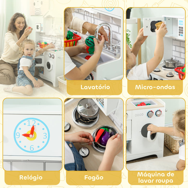 Cozinha de Madeira com Som e Cortinas Cozinha de Brincar Infantil com Acessórios em Aço Inoxidável, Máquina de Lavar Micro-ondas, Lava-Loiça para Crianças a partir dos 3 Anos 79,5x24x94 cm Branco