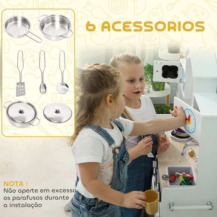 Cozinha de Madeira com Som e Cortinas Cozinha de Brincar Infantil com Acessórios em Aço Inoxidável, Máquina de Lavar Micro-ondas, Lava-Loiça para Crianças a partir dos 3 Anos 79,5x24x94 cm Branco