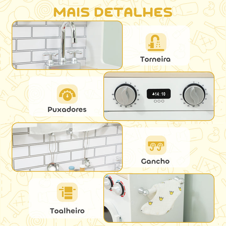 Cozinha de Madeira com Som e Cortinas Cozinha de Brincar Infantil com Acessórios em Aço Inoxidável, Máquina de Lavar Micro-ondas, Lava-Loiça para Crianças a partir dos 3 Anos 79,5x24x94 cm Branco