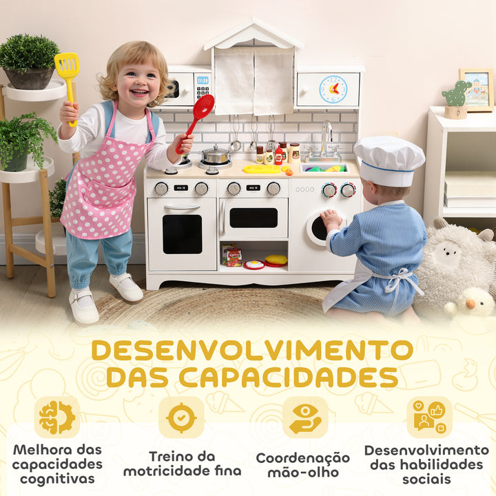 Cozinha de Madeira com Som e Cortinas Cozinha de Brincar Infantil com Acessórios em Aço Inoxidável, Máquina de Lavar Micro-ondas, Lava-Loiça para Crianças a partir dos 3 Anos 79,5x24x94 cm Branco