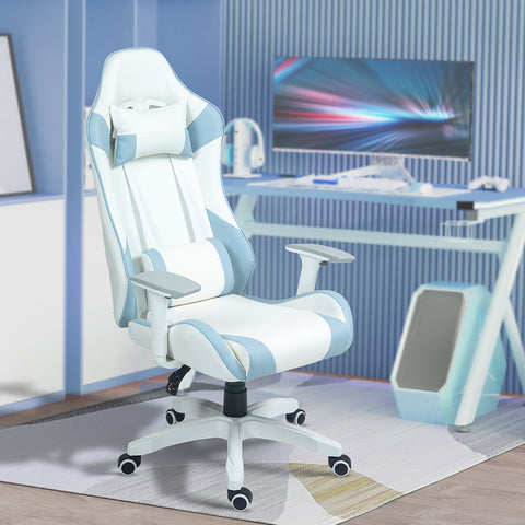 Cadeira Gaming Reclinável Cadeira Gamer Giratória com Almofada Lombar Apoios de Braços Ajustáveis Apoio de Cabeça Basculante e Altura Ajustável para Escritório 67x60x120-128 cm Branco e Azul