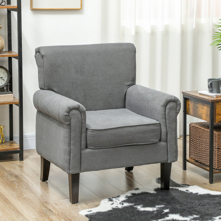Poltrona Estofada em Tecido Poltrona Relax com Apoio para os Braços Assento Amovível e Lavável Pés de Madeira para Dormitório Estilo Moderno Carga 150kg 79x78x87 cm Cinza Escuro