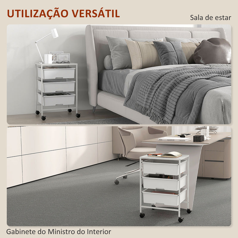 Carrinho Auxiliar com Rodas Carrinho de Cozinha de 3 Níveis com 3 Cestos para Armazenamento e Estrutura de Aço para Sala de Jantar Banheiro 40,8x33,5x60,5 cm Branco