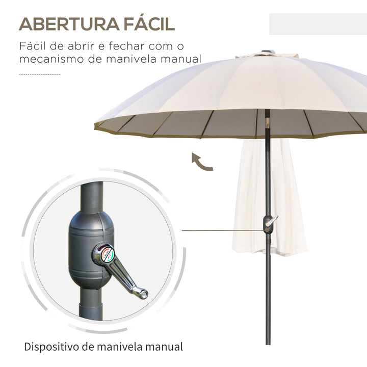 Chapéu de Sol de Jardim Ø2,5x2,4 m Chapéu de Sol de Terraço com Manivela Manual Mastro Flexível Impermeável e 18 Varas para Exterior Creme