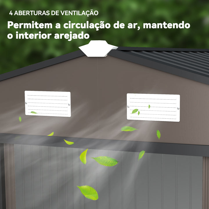 Abrigo de Jardim Exterior Abrigo e Jardim Metálico para Armazenamento de Ferramentas com Base Incluída e 4 Janelas 277x195x192 cm Madeira