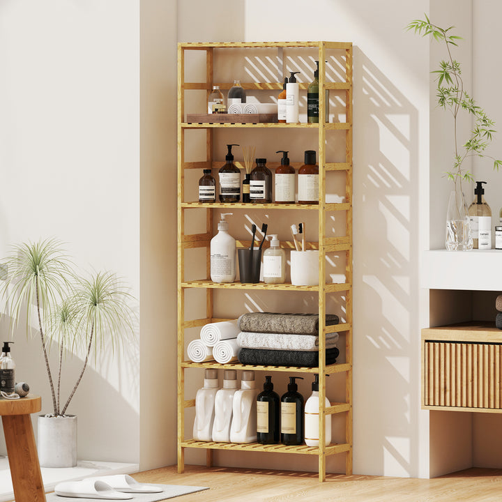 Estante de Bambu de 6 Níveis Estante de Armazenamento Prateleiras Ajustáveis Estante Estreita para Espaços Pequenos Casa de Banho Sala de Estar e Cozinha 60x26x161 cm Madeira
