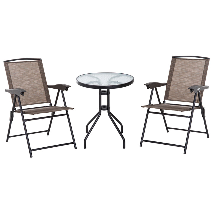 Conjunto de Mesa e 2 Cadeiras Cadeira Dobrável Encosto Reclináveis a 4 Níveis Armação de Aço Marrom