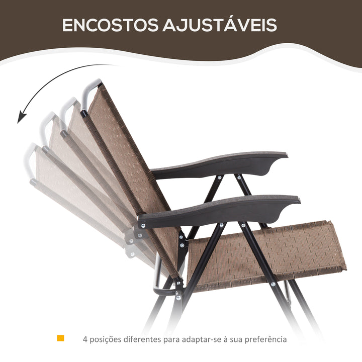 Conjunto de Mesa e 2 Cadeiras Cadeira Dobrável Encosto Reclináveis a 4 Níveis Armação de Aço Marrom