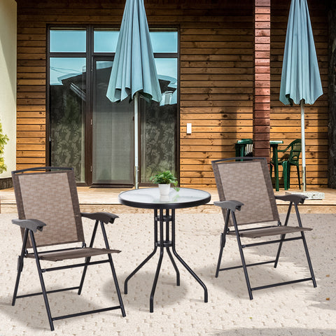 Conjunto de Mesa e 2 Cadeiras Cadeira Dobrável Encosto Reclináveis a 4 Níveis Armação de Aço Marrom