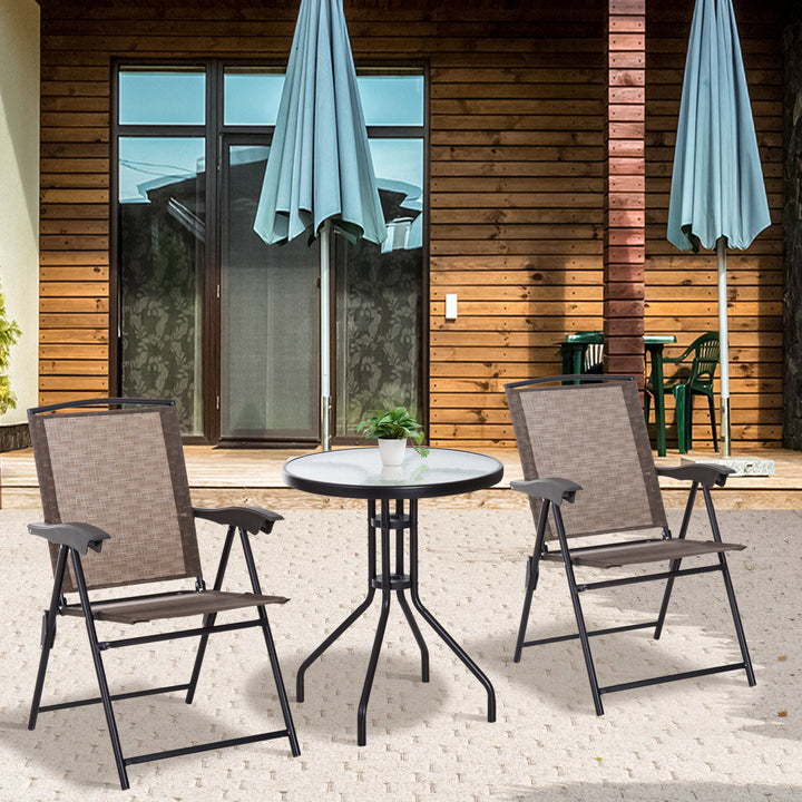 Conjunto de Mesa e 2 Cadeiras Cadeira Dobrável Encosto Reclináveis a 4 Níveis Armação de Aço Marrom