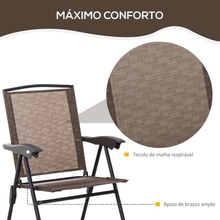 Conjunto de Mesa e 2 Cadeiras Cadeira Dobrável Encosto Reclináveis a 4 Níveis Armação de Aço Marrom