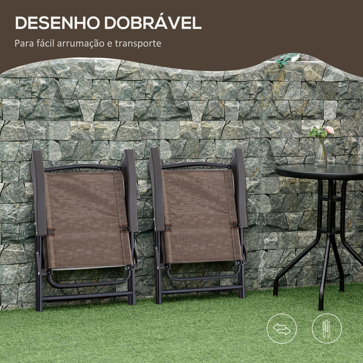 Conjunto de Mesa e 2 Cadeiras Cadeira Dobrável Encosto Reclináveis a 4 Níveis Armação de Aço Marrom