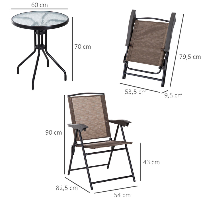 Conjunto de Mesa e 2 Cadeiras Cadeira Dobrável Encosto Reclináveis a 4 Níveis Armação de Aço Marrom