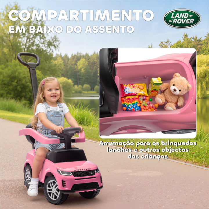 Carro Andador 2 em 1 para Crianças de 18-36 Meses Carro Andador Land Rover Discovery com Espaço de Armazenamento Buzina Volante Pega de Empurrar e Barra Removíveis 84x40x94,5 cm Rosa