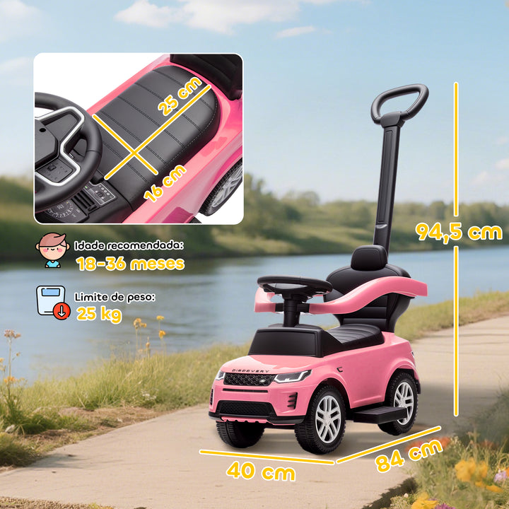 Carro Andador 2 em 1 para Crianças de 18-36 Meses Carro Andador Land Rover Discovery com Espaço de Armazenamento Buzina Volante Pega de Empurrar e Barra Removíveis 84x40x94,5 cm Rosa