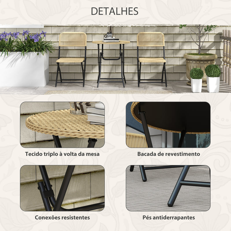 Conjunto de Mesa e Cadeiras de Jardim de Vime Conjunto de 3 Peças Móveis de Jardim Dobrável com 2 Cadeiras e 1 Mesa Redonda para Varanda Madeira