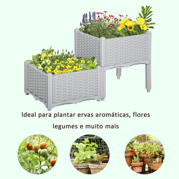 Conjunto de 2 Floreiras Quadradas Floreiras para Flores e Vegetais com Orifícios de Drenagem e Pés Altos 40x40x26-44cm Cinzento