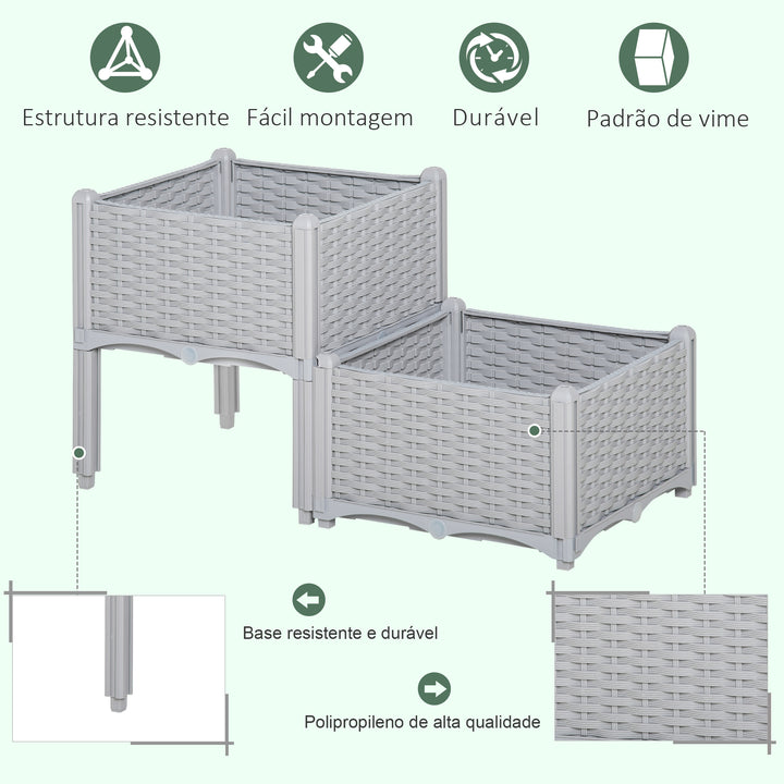 Conjunto de 2 Floreiras Quadradas Floreiras para Flores e Vegetais com Orifícios de Drenagem e Pés Altos 40x40x26-44cm Cinzento