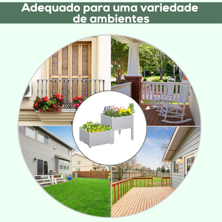 Conjunto de 2 Floreiras Quadradas Floreiras para Flores e Vegetais com Orifícios de Drenagem e Pés Altos 40x40x26-44cm Cinzento