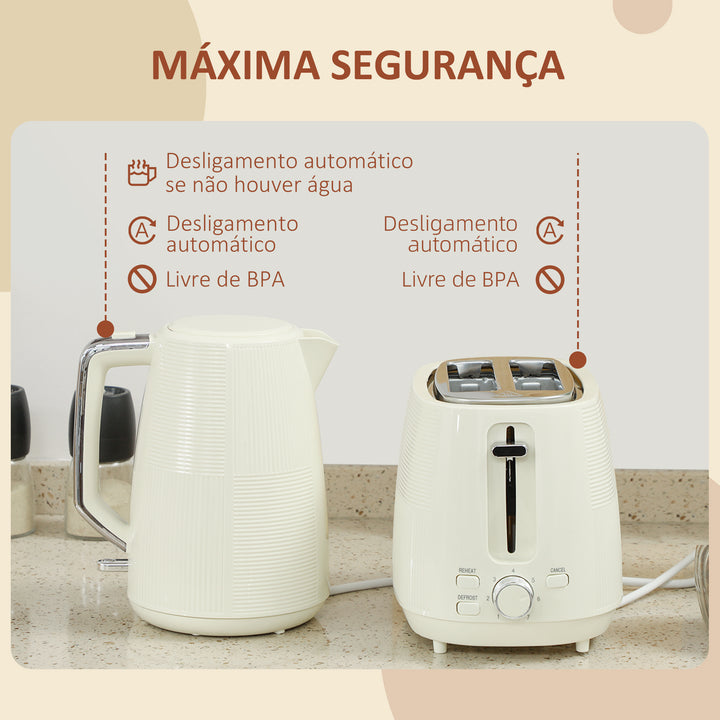 Conjunto de Torradeira e Jarro Elétrico Jarro de Água Elétrico de Aço Inoxidável 2200W 1,7L Torradeira de Pão com Ranura Larga para 2 Fatias 3 Funções Creme